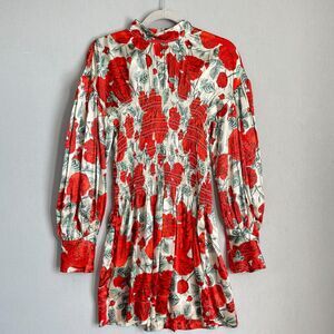 Ganni Dress Women 38 US 6 Silk Brazilian Rose Smocked Balloon Sleeve Mini Date